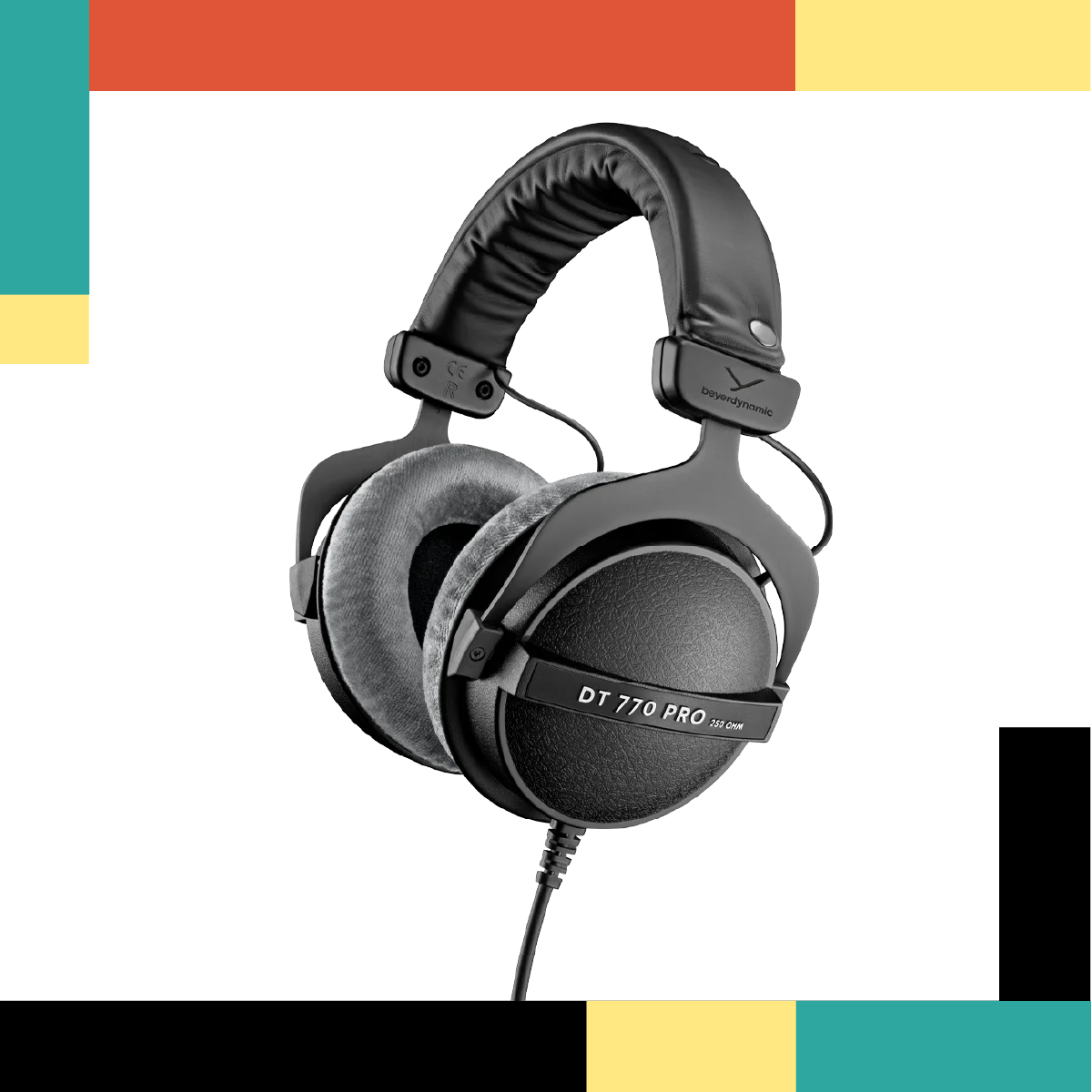 Black headphones with 'DT 770 Pro' label on a colorful geometric background
