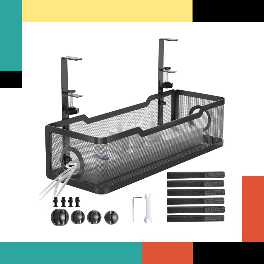 Black mesh storage basket with various components on a colorful background