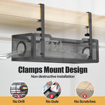 Cable management system with clamps mounted under a wooden shelf, featuring text about installation methods.