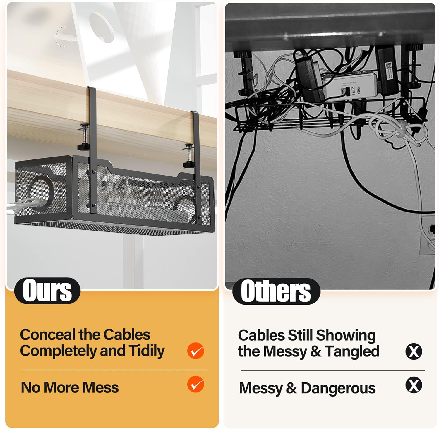 Comparison of cable management system labeled 'Ours' versus 'Others' with visible cables.