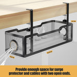 Mesh cable organizer under a desk with measurements and text.