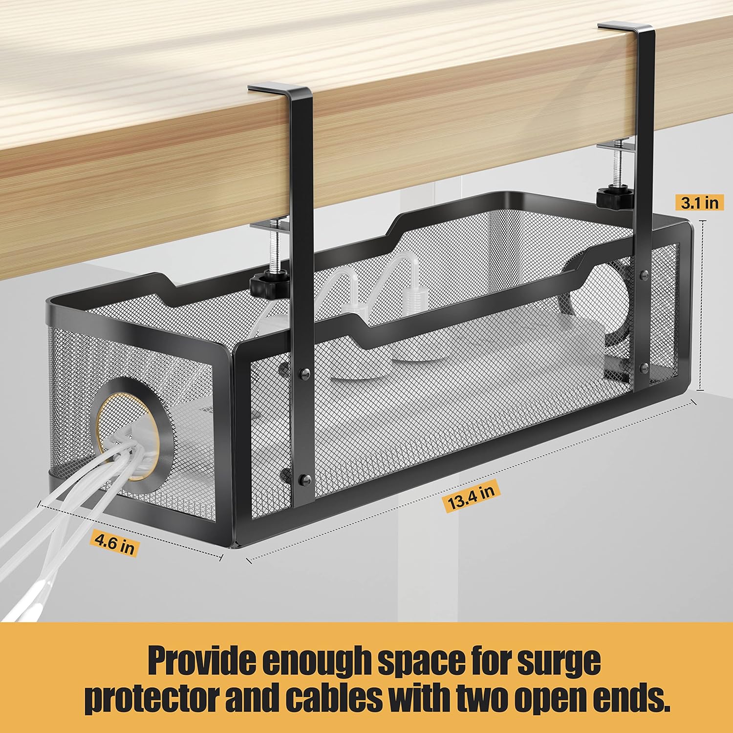 Mesh cable organizer under a desk with measurements and text.
