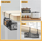 Collage of a desk organizer attached to different surfaces including a table, kitchen counter, and desk.