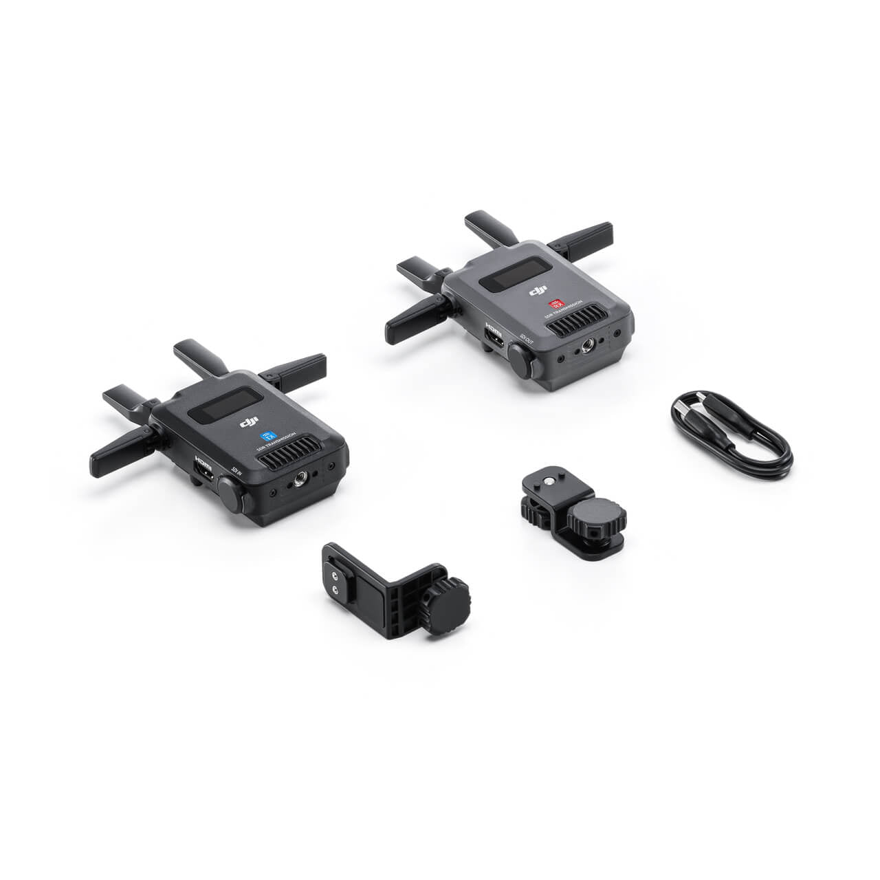 Set of black drone components on a white background
