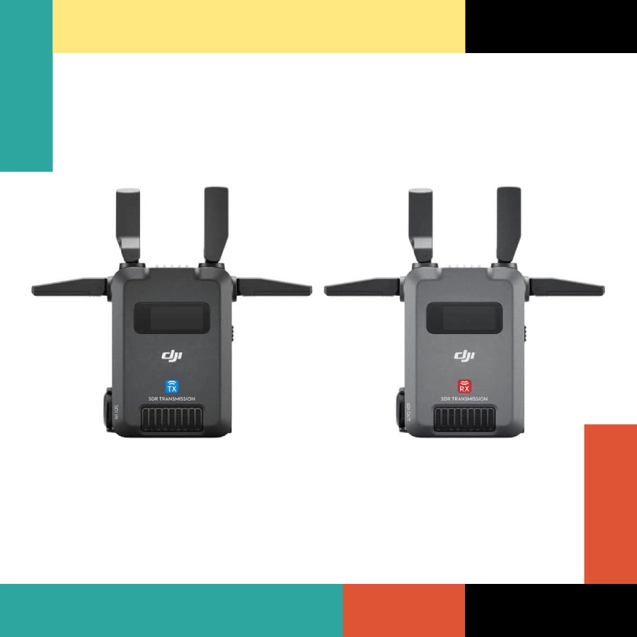 Two DJI drones on a colorful geometric pattern background