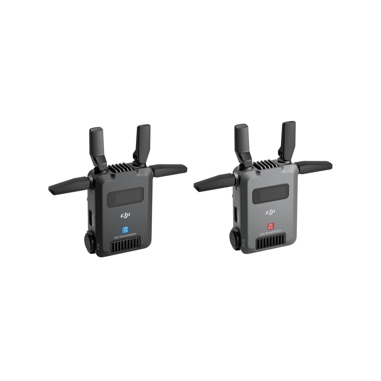 Two DJI devices with antennas on a white background