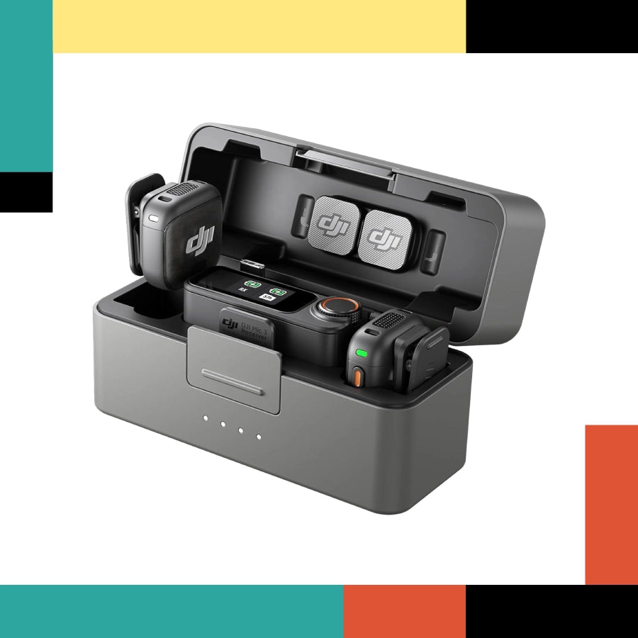 DJI device in a charging case with colorful background