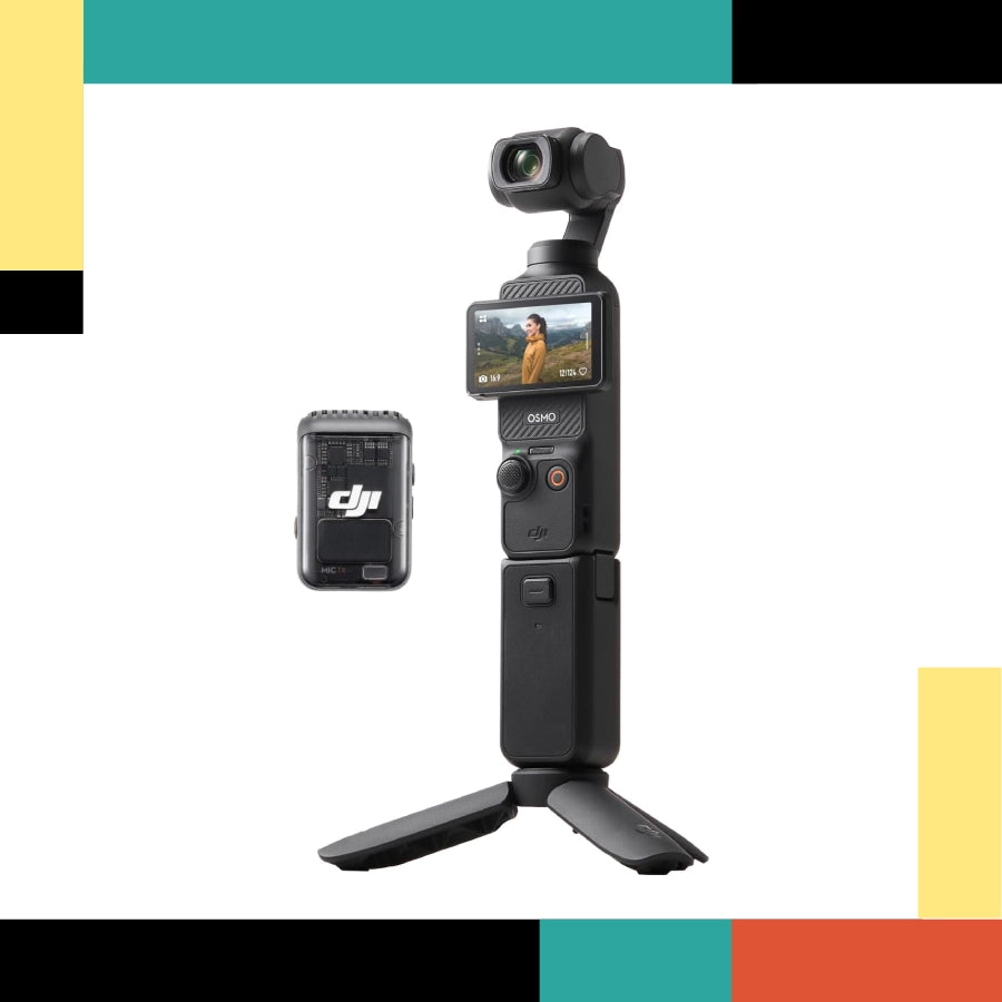 DJI Osmo Pocket camera on a white background with colorful bars at the top and bottom.