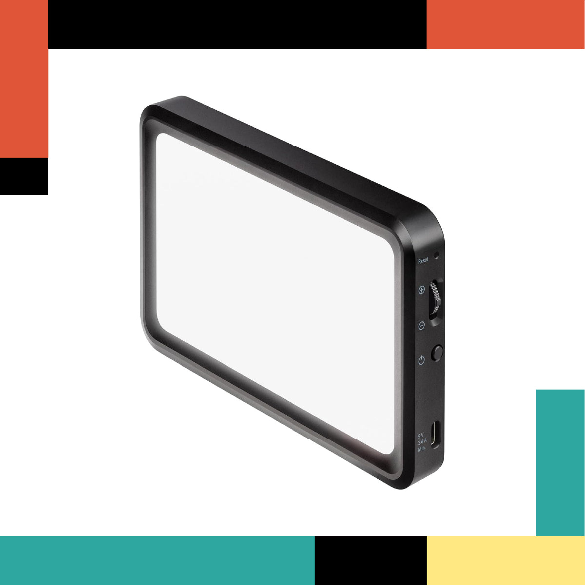 Black rectangular light panel with control buttons on a white background