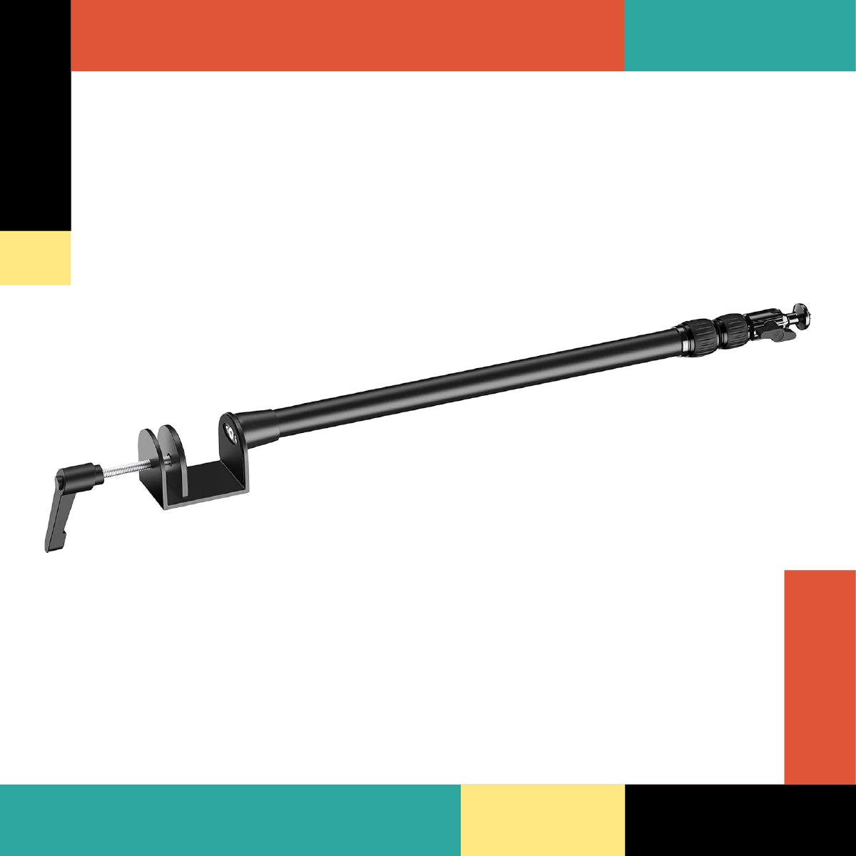 Black metal extension arm on a white background with colorful bars at the top and bottom.