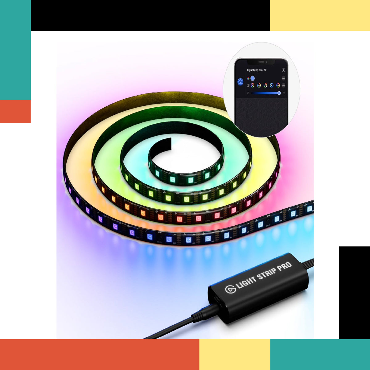 RGB LED strip light with controller on a colorful gradient background
