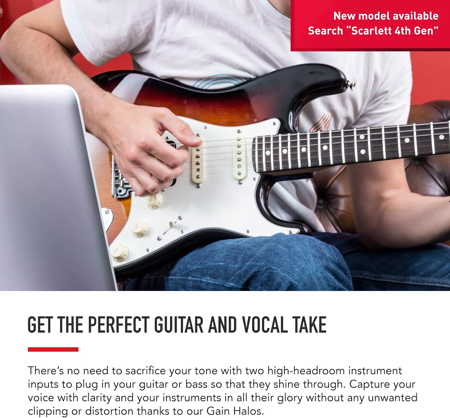 Person playing a guitar with promotional text about a new model and features.