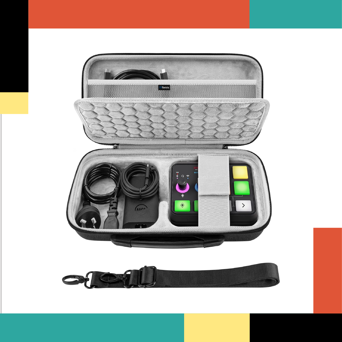 Open carrying case with electronic devices on a colorful background