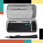 Portable electronic device in a carrying case with a strap on a colorful background