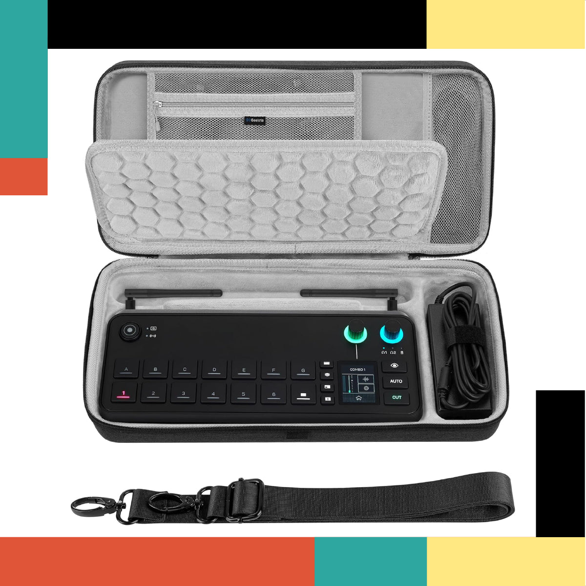 Portable electronic device in a carrying case with a strap on a colorful background