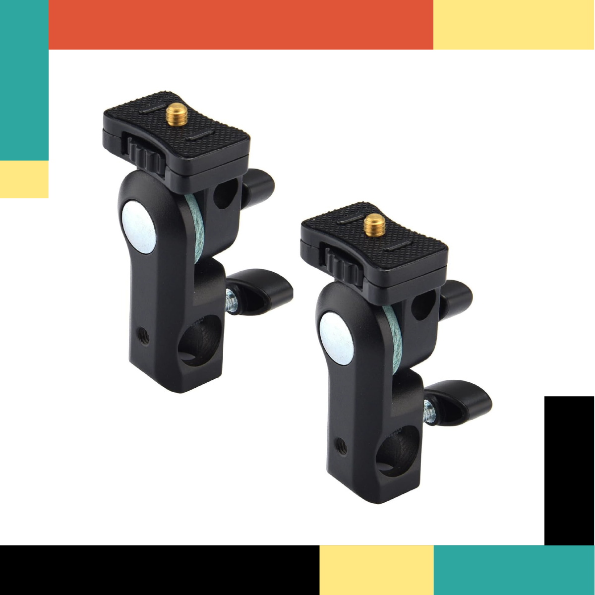 Two black camera mounts on a colorful striped background