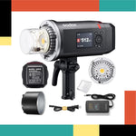 Godox studio light equipment with accessories on a colorful background