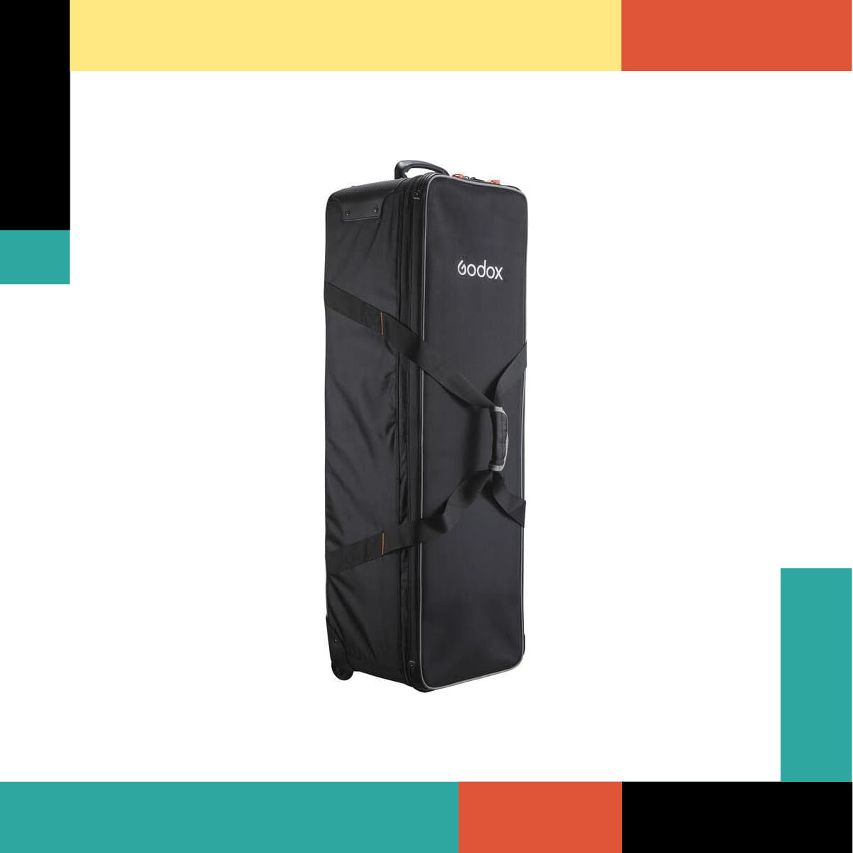 BlackGodox camera bag on a colorful geometric patterned background