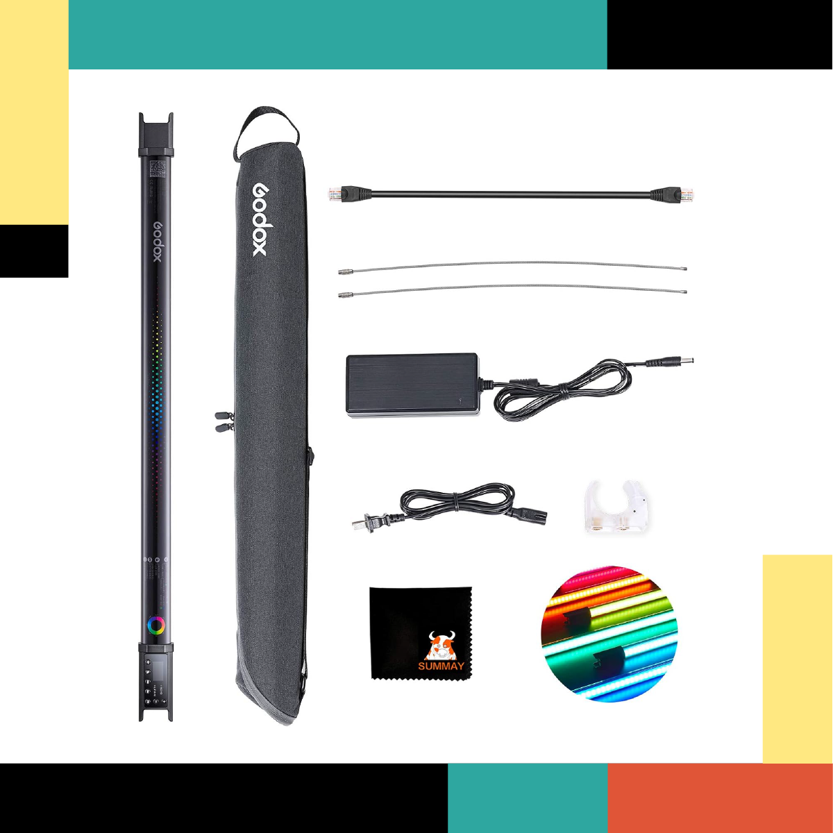 GODOX studio light kit with accessories on a colorful background