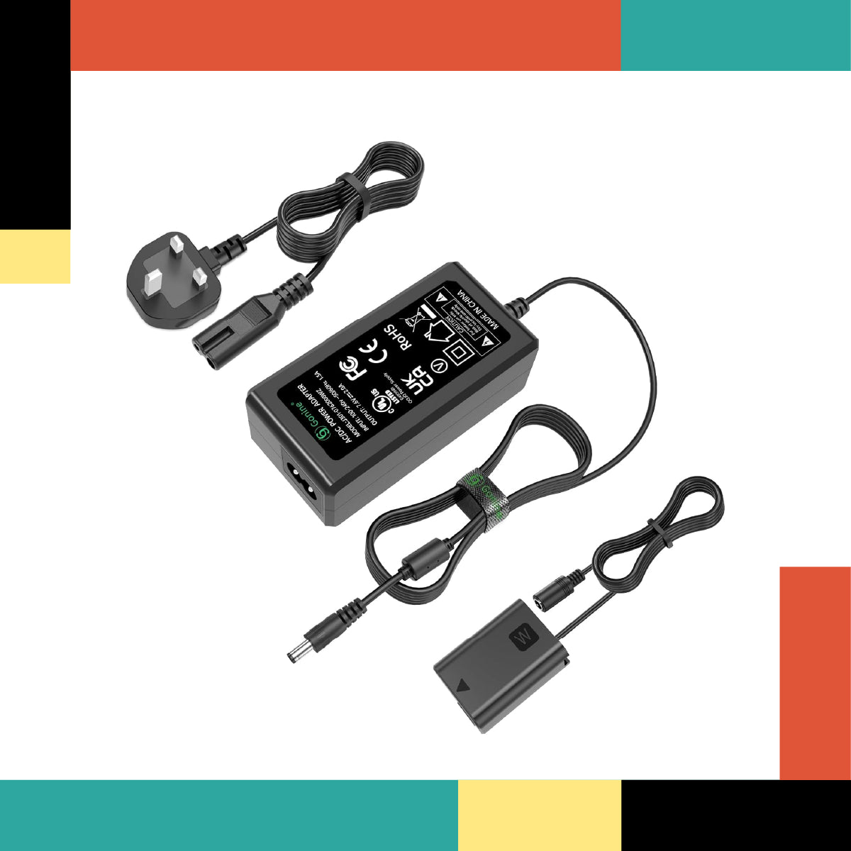 Power adapter with multiple cables on a white background