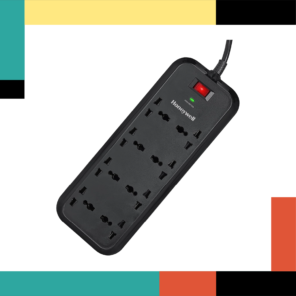 Black power strip with multiple outlets on a white background