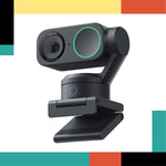 Black webcam with a flexible arm on a white background