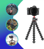 Camera on a flexible tripod with close-up insets showing different uses