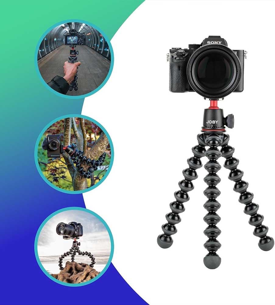 Camera on a flexible tripod with close-up insets showing different uses