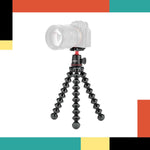 Camera on a Joby gorilla pod with a colorful background