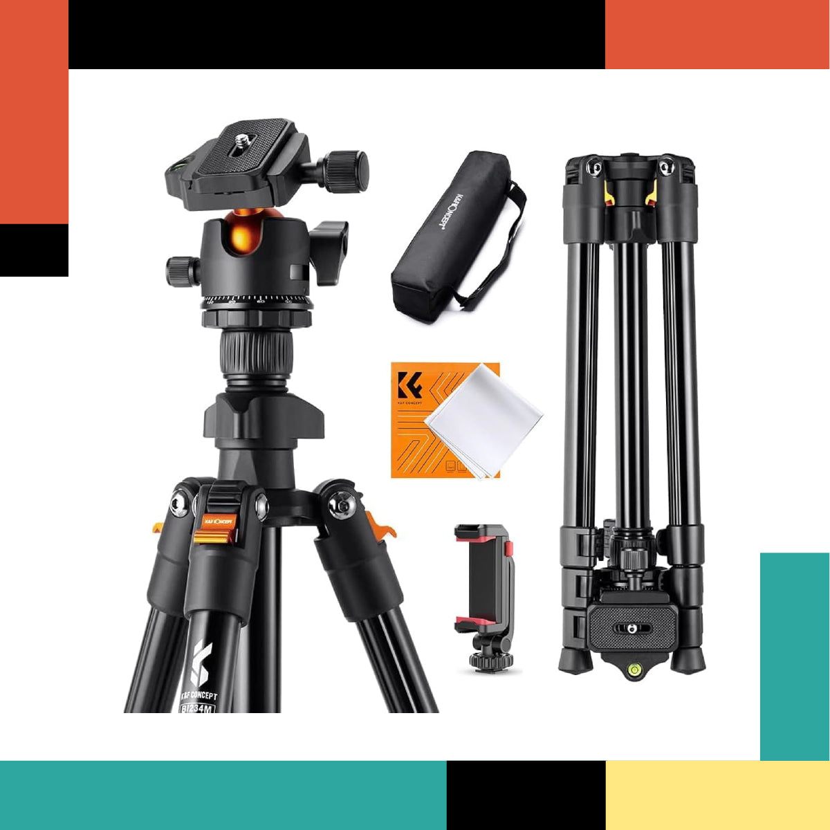 Camera tripod with accessories on a colorful background