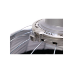 Close-up of a metallic kitchen appliance component with 'PULL' label on a white background