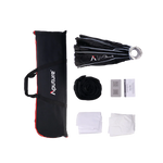 Aputure photography equipment set with carrying case, diffuser, and accessories on a white background