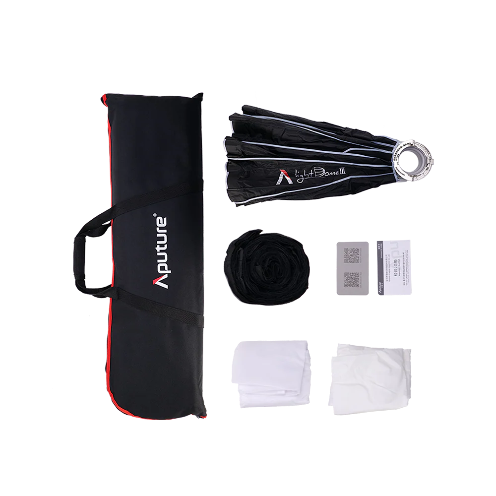 Aputure photography equipment set with carrying case, diffuser, and accessories on a white background