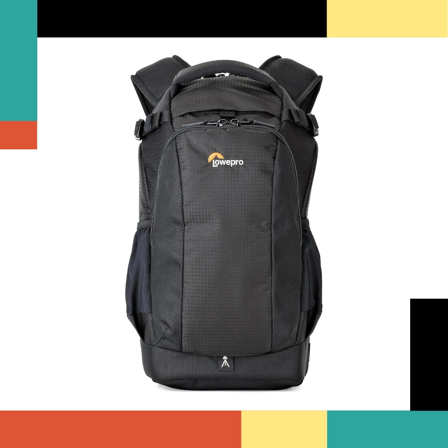 Black backpack with Lowepro logo on a colorful background