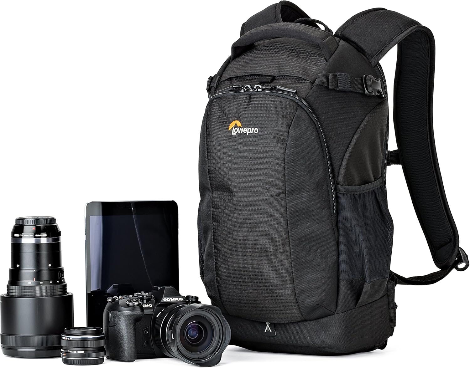 Black camera backpack with camera equipment on a white background