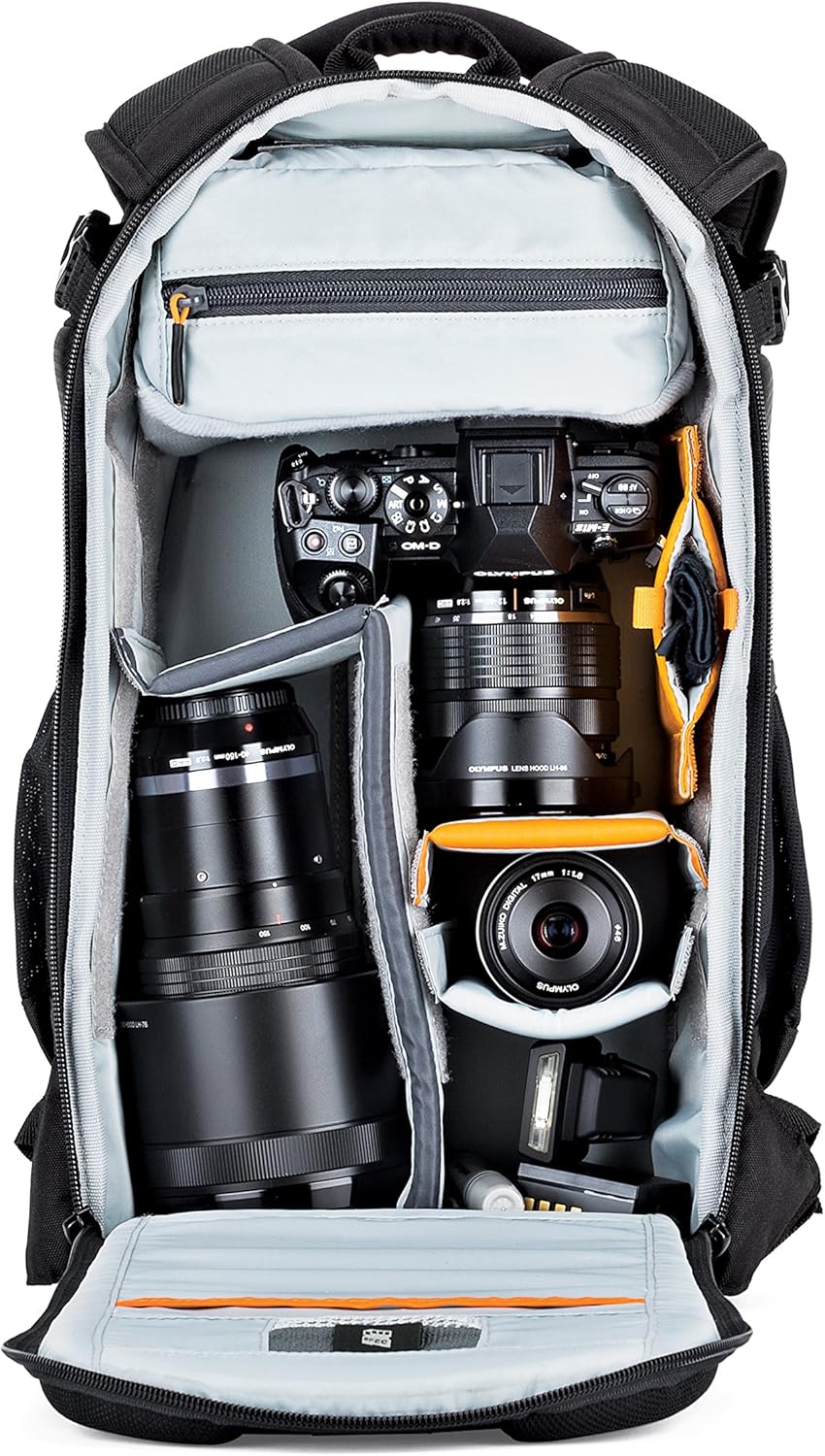 Camera backpack with camera equipment inside