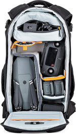 Backpack with compartments containing camera equipment and accessories