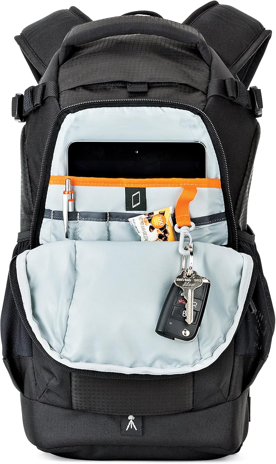 Black backpack with open front compartment showing light blue interior and items inside.