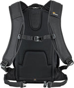 Black backpack with visible Lowepro logo on a white background
