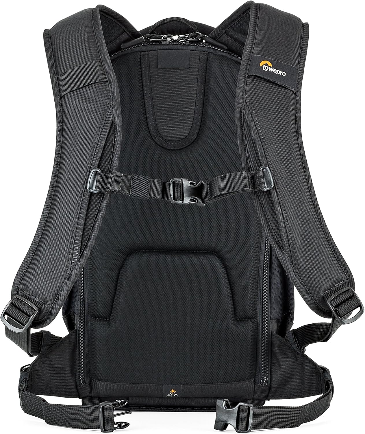 Black backpack with visible Lowepro logo on a white background