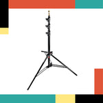 Black tripod stand on a white background with colorful bars at the top and bottom.