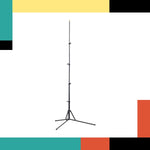 Black tripod stand on a white background with colorful geometric shapes.