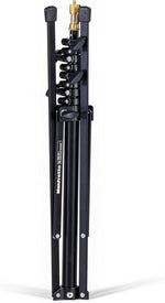 Black metal tripod with adjustable legs on a white background