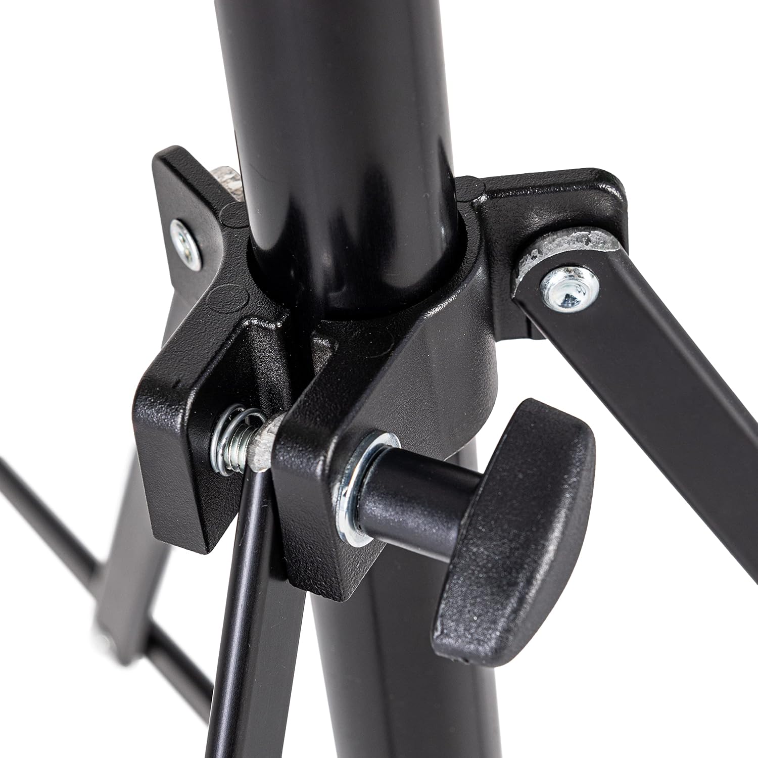 Close-up of a black metal stand with adjustable clamp on a white background