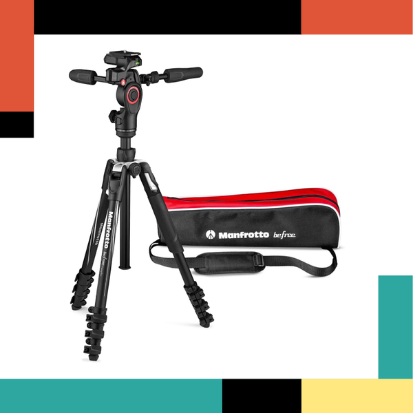 Manfrotto camera tripod with carrying case on a colorful background