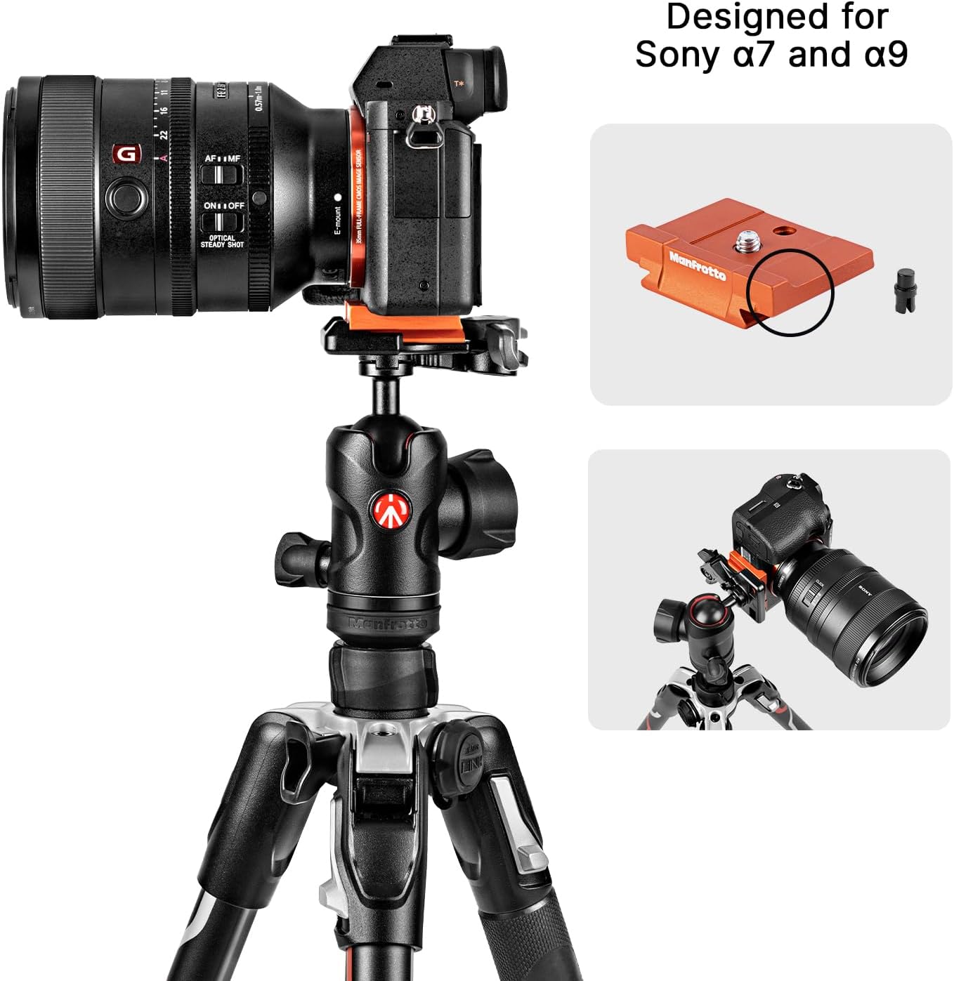 Camera with lens and tripod, designed for Sony a7 and a9, on a white background.