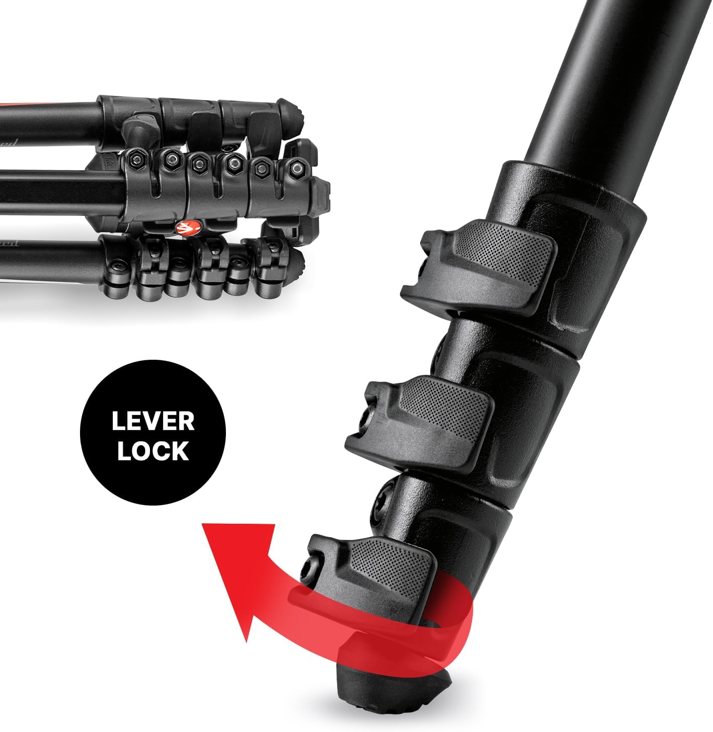 Camera tripod with lever lock mechanism on a white background