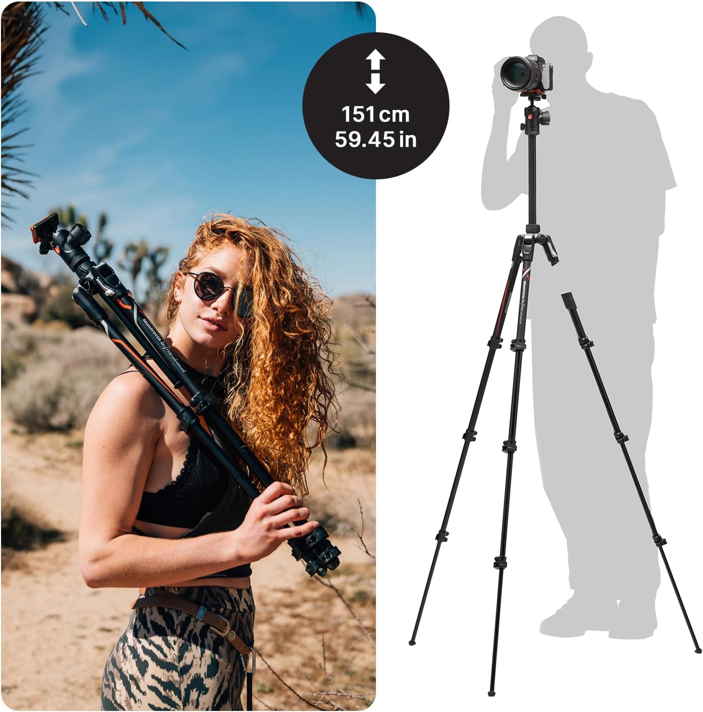 Person holding a camera tripod with a desert landscape background and a silhouette of the tripod.