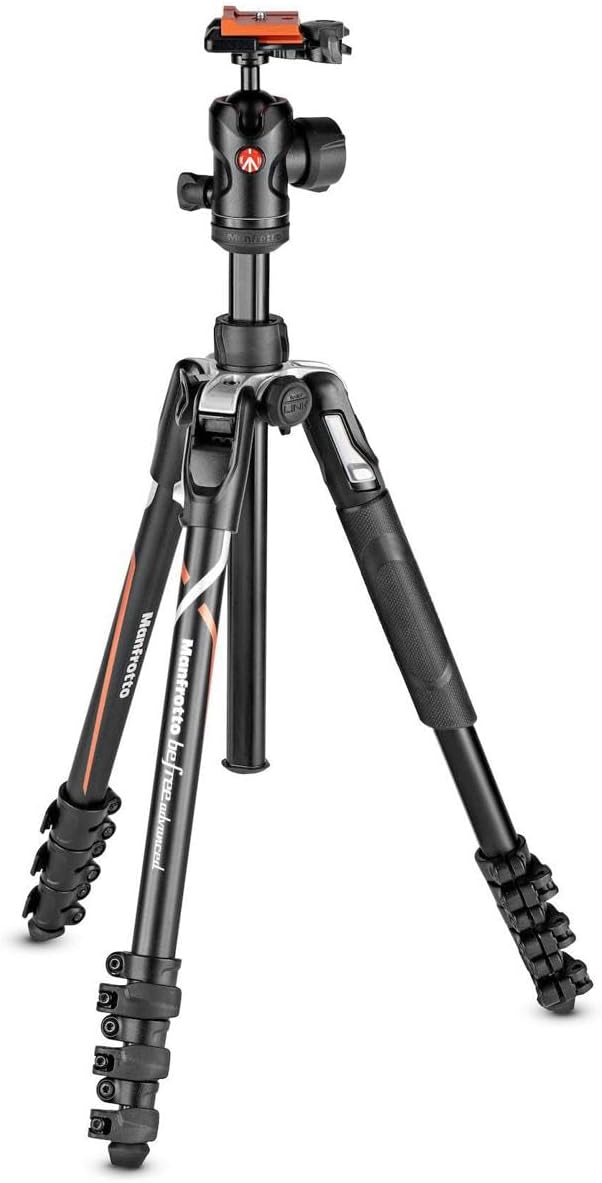Black tripod with ball head on a white background
