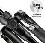 Close-up of a camera tripod with 'EASY LINK' attachment feature on a white background.